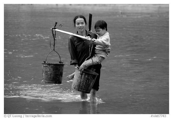 Tay Woman carrying child and water buckets across river. Northeast Vietnam (black and white)