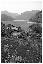 Thatched Roofs of Pac Ngoi village and fields. Northeast Vietnam (black and white)