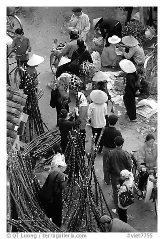 Cane sugar stand seen from above, Cho Ra Market. Northeast Vietnam (black and white)