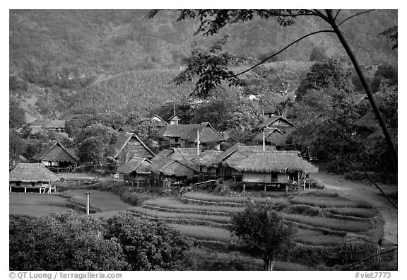 Thai village of stilt houses, near Mai Chau. Northwest Vietnam (black and white)