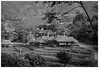 Thai village of stilt houses, near Mai Chau. Northwest Vietnam (black and white)
