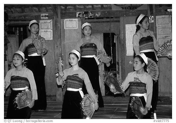 Thai women performing a dance, Ban Lac, Mai Chau. Northwest Vietnam (black and white)