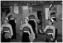 Thai women performing a dance, Ban Lac, Mai Chau. Northwest Vietnam (black and white)