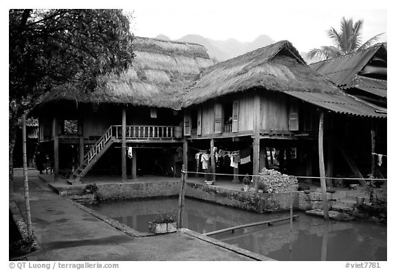 Stilt houses with thatched roofs of Ban Lac village. Northwest Vietnam (black and white)