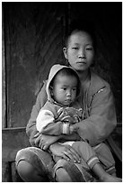 Hmong woman and boy, Xa Linh village. Northwest Vietnam (black and white)