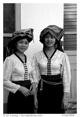 Two thai women in traditional dress, Son La. Northwest Vietnam (black and white)