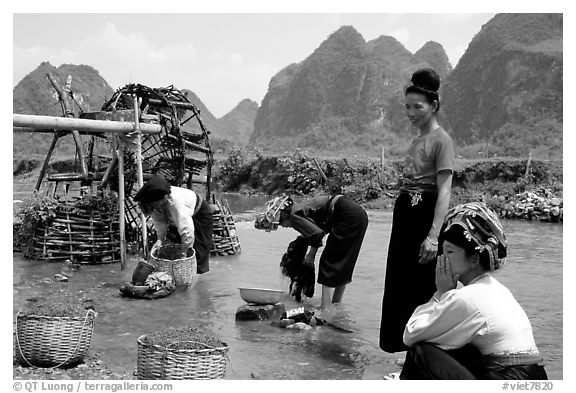 Thai women washing laundry and collecting water plants near an irrigation wheel, near Son La. Northwest Vietnam (black and white)