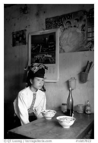 Thai woman in a restaurant, Tuan Chau. Northwest Vietnam (black and white)