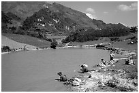 Thai women on the shores of a pond, near Tuan Giao. Northwest Vietnam (black and white)