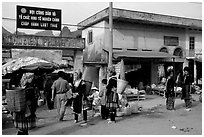 Hmong women near the entrance of the market, Tam Duong. Northwest Vietnam (black and white)
