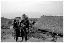 Hmong children and village, near Tam Duong. Northwest Vietnam (black and white)