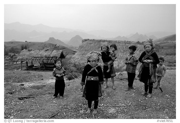 Hmong children and village, near Tam Duong. Northwest Vietnam (black and white)