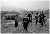 Hmong children and village, near Tam Duong. Northwest Vietnam (black and white)