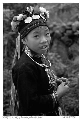 Boy of the Black Dzao minority wearing a hat with three decorative coins, between Tam Duong and Sapa. Vietnam (black and white)