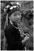 Boy of the Black Dzao minority wearing a hat with three decorative coins, between Tam Duong and Sapa. Vietnam (black and white)