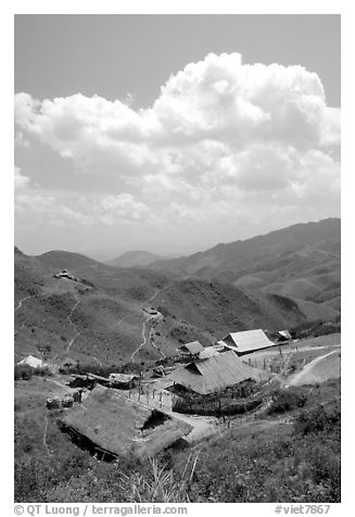 Hamlet near the pass between Son La and Lai Chau. Northwest Vietnam (black and white)