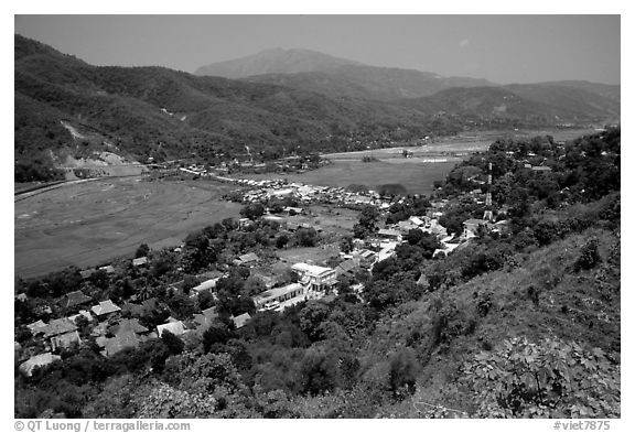 Lai Chau, nested in a valley. Northwest Vietnam (black and white)