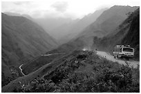 Steep road ascends the Tram Ton Pass near Sapa. Northwest Vietnam (black and white)