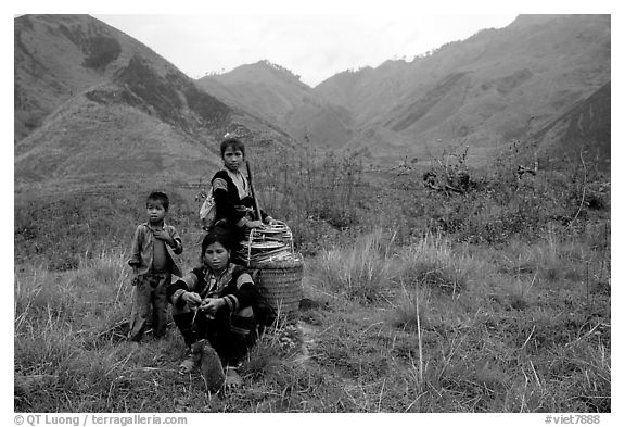 Hmong people in the Tram Ton Pass area. Northwest Vietnam (black and white)