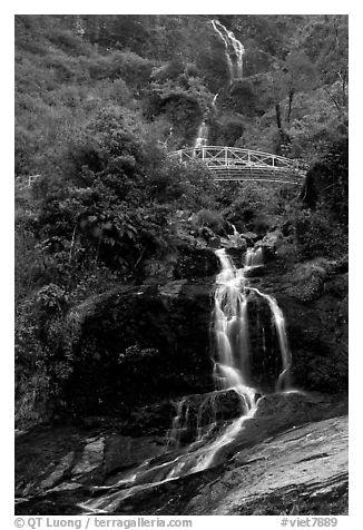 Silver Falls and bridge near Sapa. Sapa, Vietnam (black and white)