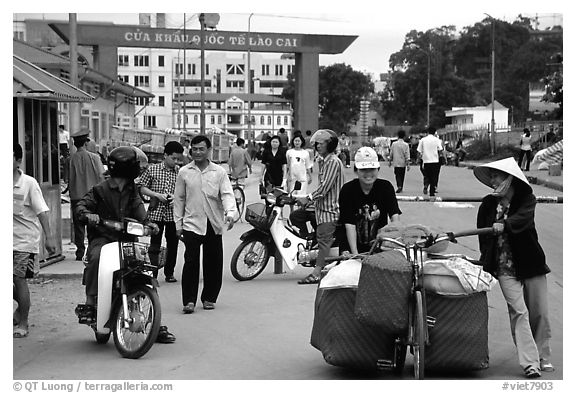 Border crossing with China at Lao Cai. Vietnam (black and white)