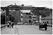 The Vietnamese side of the border crossing at Lao Cai. Vietnam (black and white)