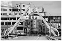 The Chinese side of the border crossing at Lao Cai. Vietnam (black and white)