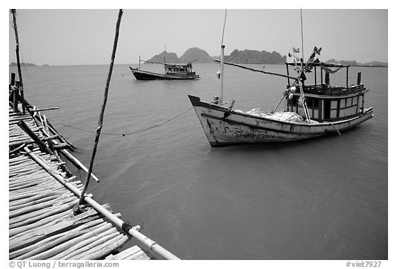 Fishing boats in the China sea. Hong Chong Peninsula, Vietnam (black and white)