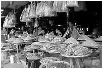 A variety of dried shrimp and fish for sale. Ha Tien, Vietnam (black and white)