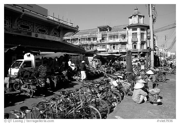 Bicycles parked near the Bin Tay market, district 6. Cholon, Ho Chi Minh City, Vietnam (black and white)