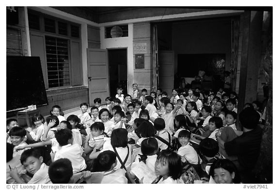 School children in an outdoor class. Ho Chi Minh City, Vietnam (black and white)