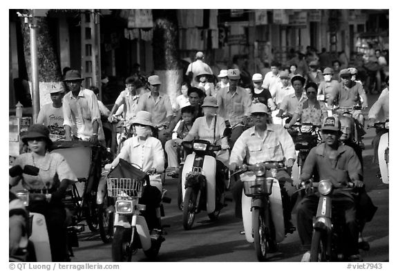 Dense two-wheel traffic. Ho Chi Minh City, Vietnam (black and white)