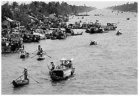 Heavy activity on the river. Can Tho, Vietnam (black and white)