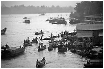 Busy river  at sunrise. Can Tho, Vietnam (black and white)