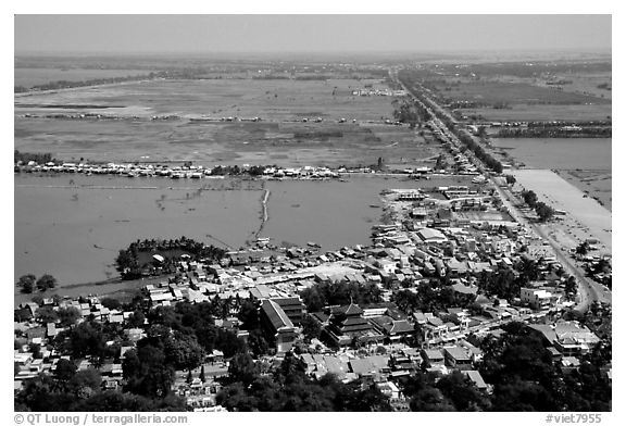 Chau Doc and the plain  seen from the Sam Mountain. Chau Doc, Vietnam (black and white)