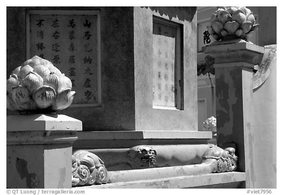 Architectural detail at the Lady Chua Xu temple. Chau Doc, Vietnam (black and white)