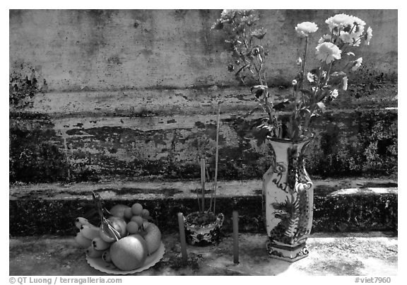 Flowers, fruit, and incense offered on a grave. Ben Tre, Vietnam