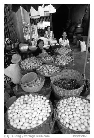 A variety of eggs for sale, district 6. Cholon, Ho Chi Minh City, Vietnam (black and white)