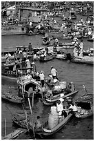 Boats at the Cai Rang floating market, early morning. Can Tho, Vietnam (black and white)