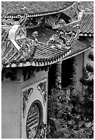 Roofs detail of one of the sanctuaries on the Marble Mountains. Da Nang, Vietnam (black and white)