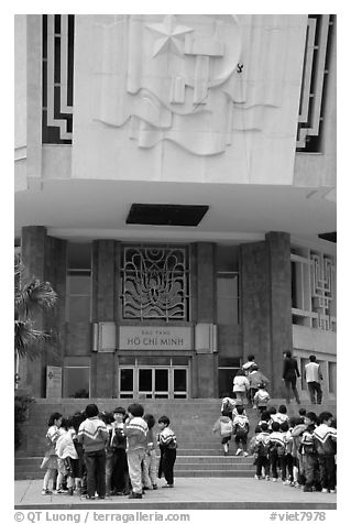 School children visiting Ho Chi Minh museum. Hanoi, Vietnam (black and white)