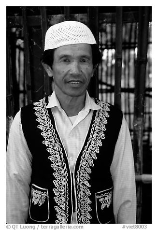 Muslem man from Cham minority village, near Chau Doc. Vietnam (black and white)