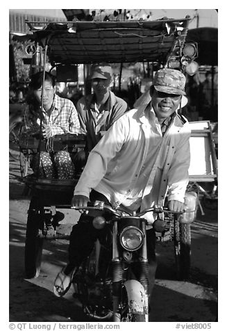 Xe loi driver and passengers. Chau Doc, Vietnam (black and white)
