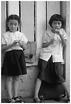 Uniformed junior school girls, Ho Chi Minh city. Vietnam (black and white)