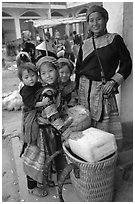 Flower Hmong mother with daughters. Bac Ha, Vietnam (black and white)