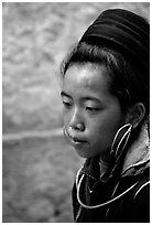 Black Hmong girl in everyday ethnic dress, Sapa. Vietnam (black and white)