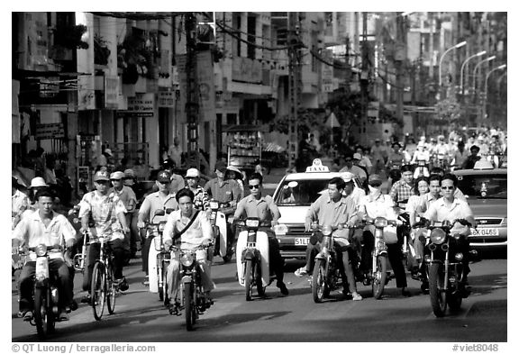 Traffic: there are 2 million motorcycles and the number of cars is growing everyday. Ho Chi Minh City, Vietnam (black and white)