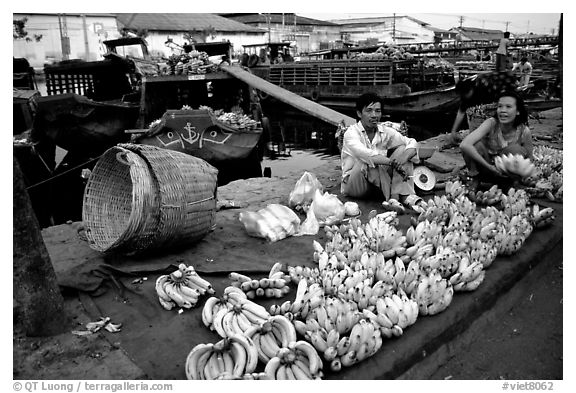 Selling freshly unloaded bananas near the Saigon arroyo. Cholon, Ho Chi Minh City, Vietnam (black and white)