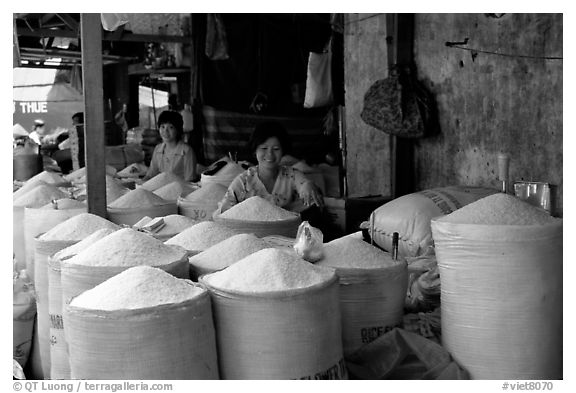 Rice is the basis of Vietnamese food, and there is a lot to choose from, district 6. Cholon, Ho Chi Minh City, Vietnam (black and white)