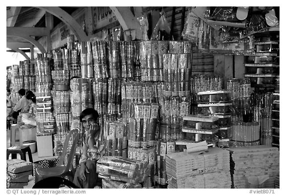 Incense wholesale, Binh Tay Market, district 6. Cholon, Ho Chi Minh City, Vietnam (black and white)